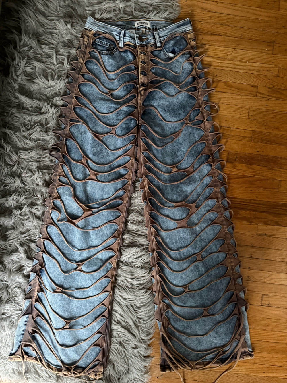 Handmade Blue Denim and Brown Leather Cutout Panel Scarf